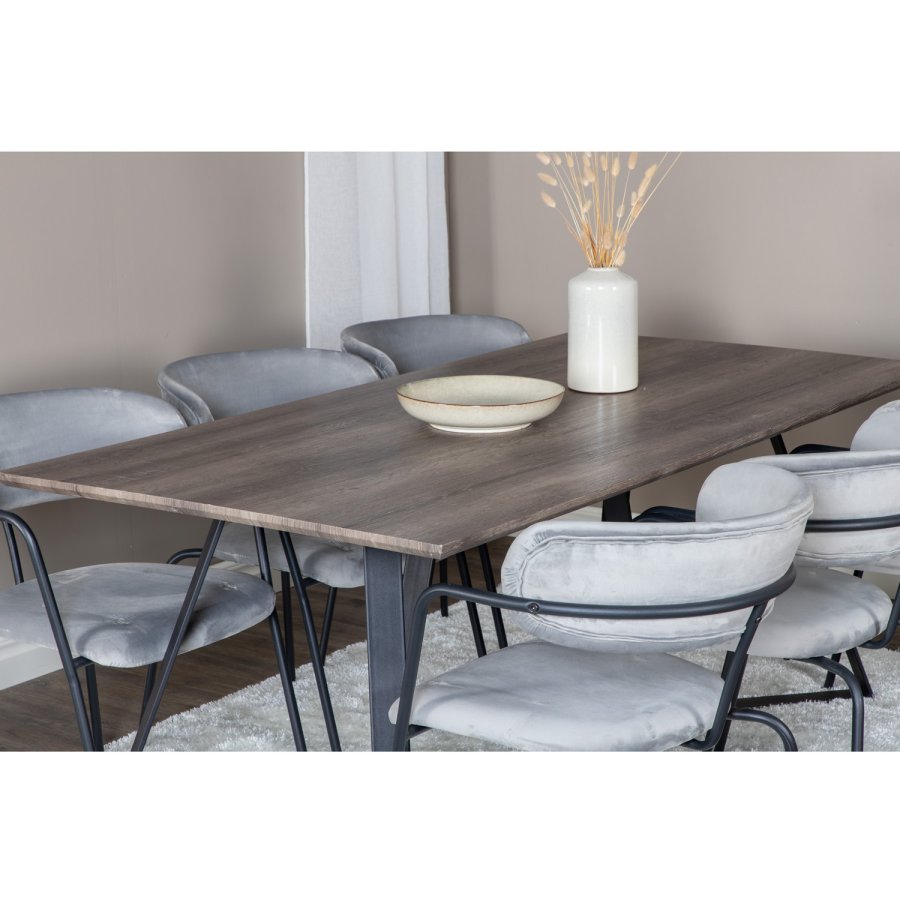 VENTURE DESIGN Marina spisebordsst, m. 6 stole - gr finer/sort metal og gr fljl/sort metal