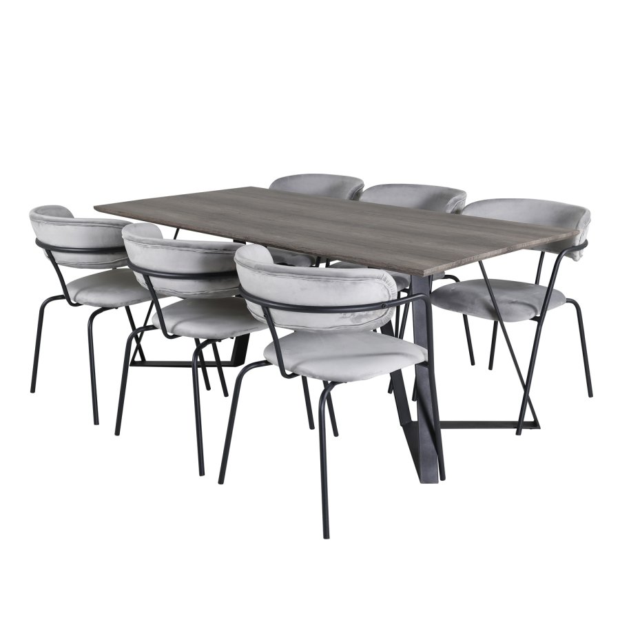 VENTURE DESIGN Marina spisebordsst, m. 6 stole - gr finer/sort metal og gr fljl/sort metal