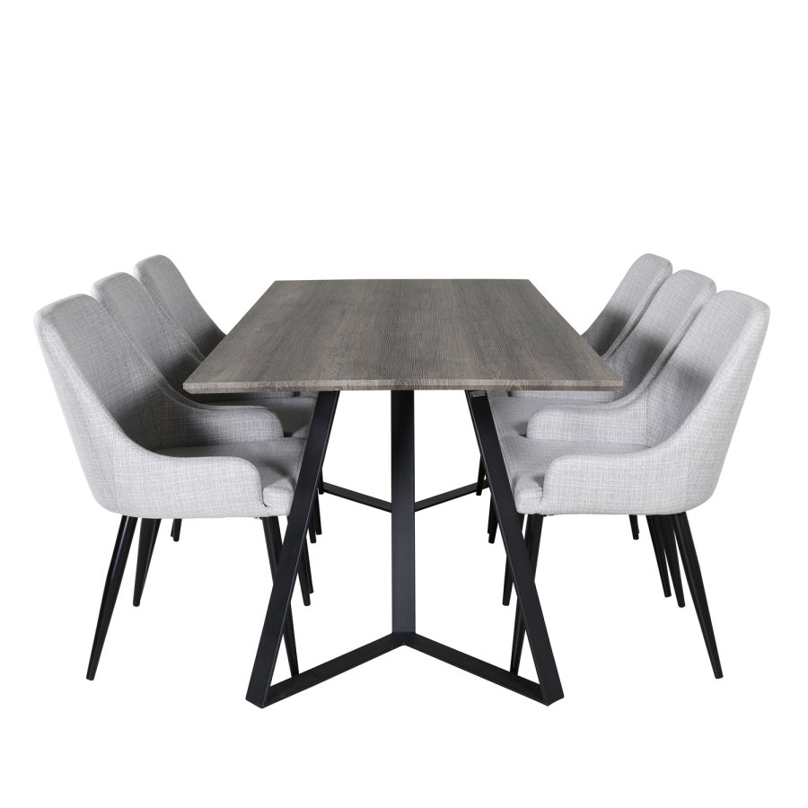VENTURE DESIGN Marina spisebordsst, m. 6 stole - gr finer/sort metal og gr stof/sort metal