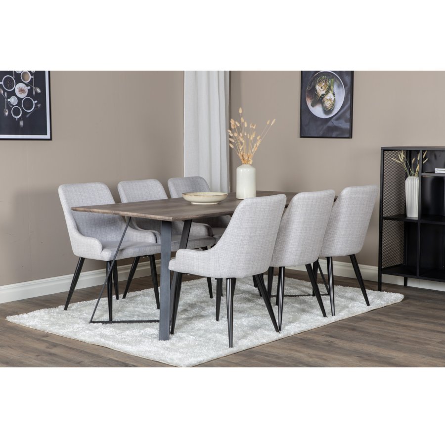VENTURE DESIGN Marina spisebordsst, m. 6 stole - gr finer/sort metal og gr stof/sort metal