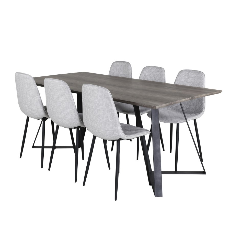 VENTURE DESIGN Marina spisebordsst, m. 6 stole - gr finer/sort metal og gr stof/sort metal