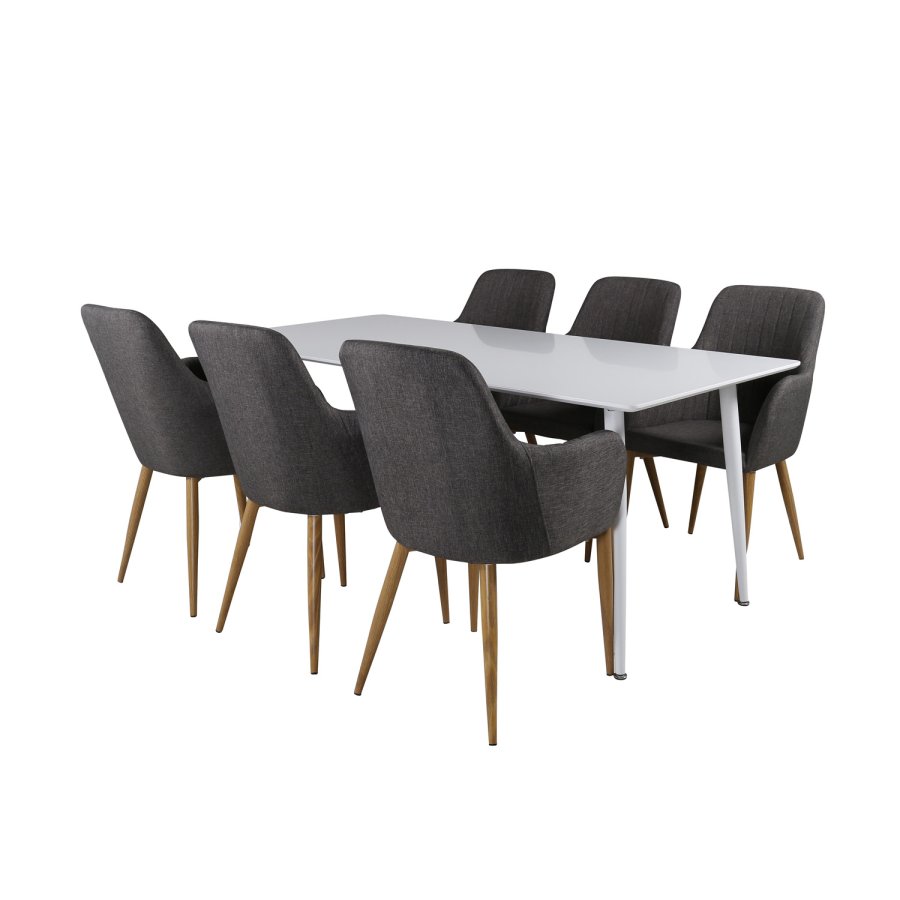 VENTURE DESIGN Polar spisebordsst, m. 6 stole -  hvid MDF/hvid metal, gr stof/valndfolie metal