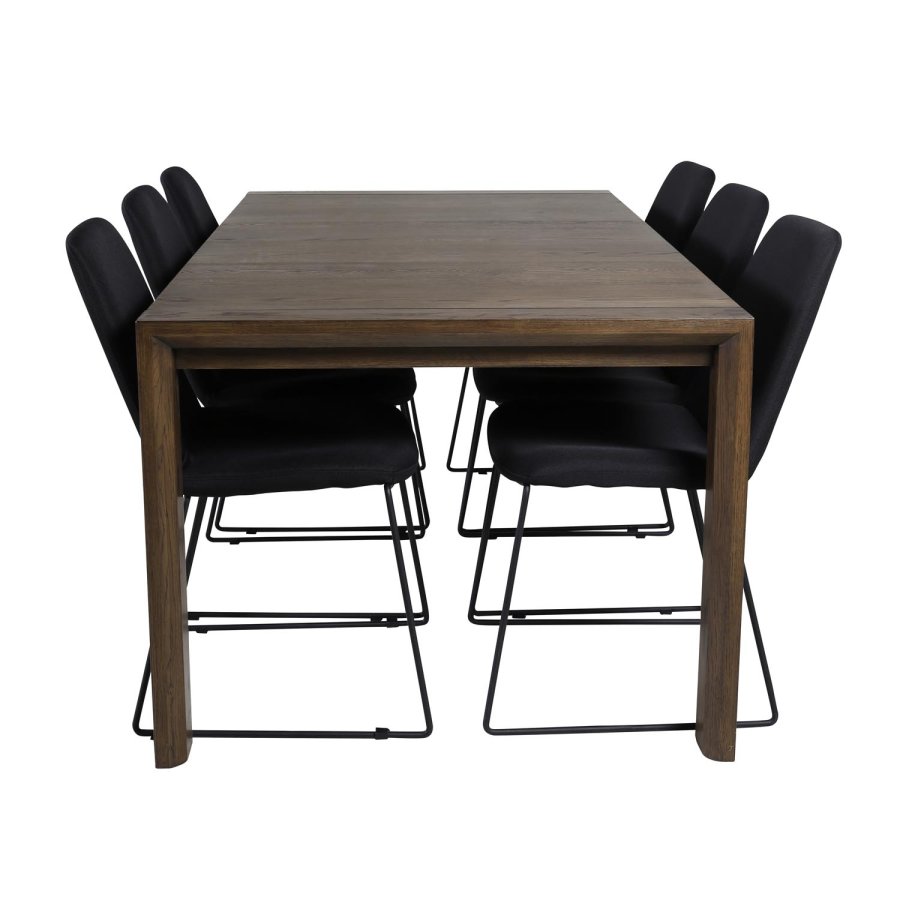 VENTURE DESIGN Slider spisebordsst, m. 6 stole - smoked egefiner/eg og sort stof/sort metal