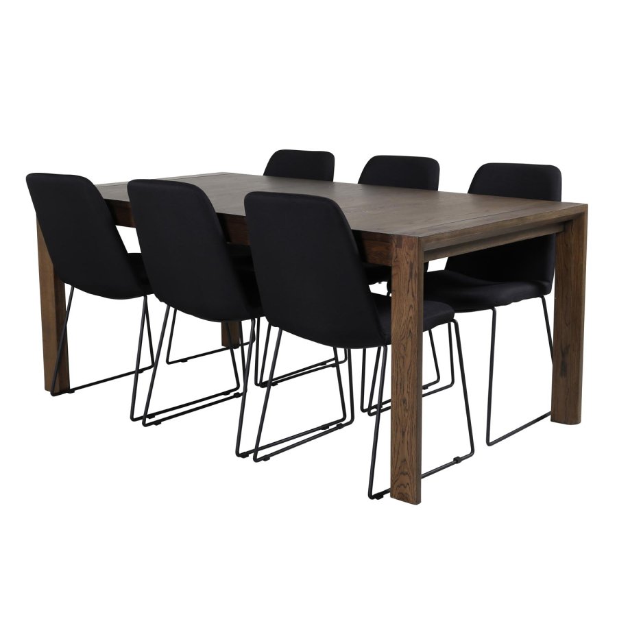 VENTURE DESIGN Slider spisebordsst, m. 6 stole - smoked egefiner/eg og sort stof/sort metal