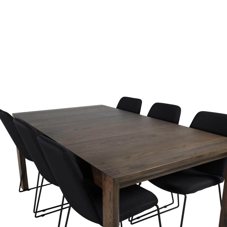 VENTURE DESIGN Slider spisebordsst, m. 6 stole - smoked egefiner/eg og sort stof/sort metal
