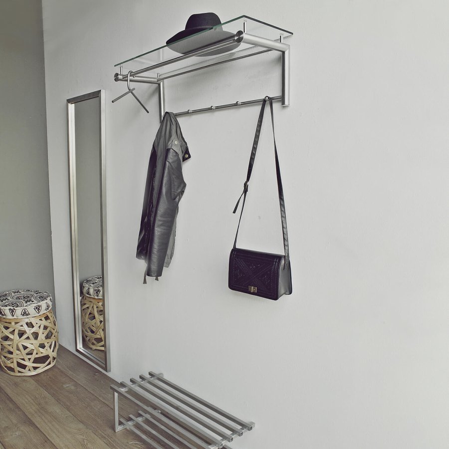 SPINDER DESIGN rektangulr Suza hattehylde, m. 5 knager og bjlestang - glas og stl