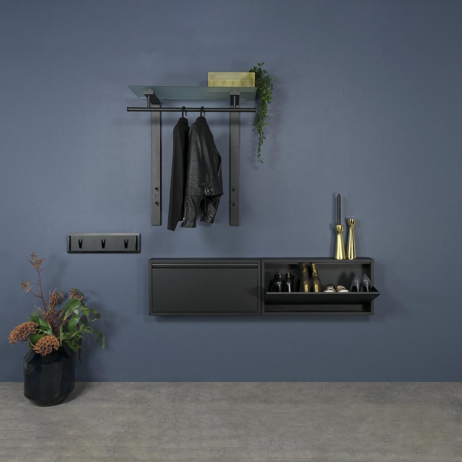 SPINDER DESIGN rektangulr Dutch knagerkke, m. 1 hylde - glas og sort stl