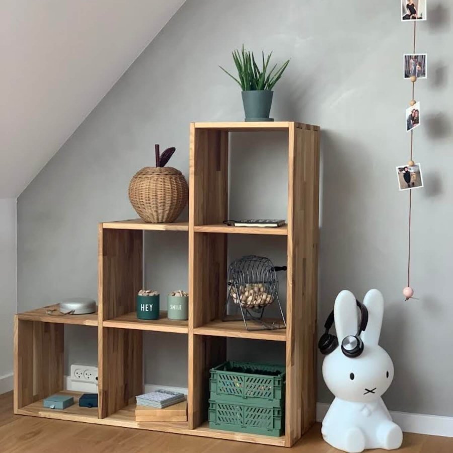 NOCNOI Puzzle asymmetrisk reol, m. 6 rum - massivt olieret eg (104x104)