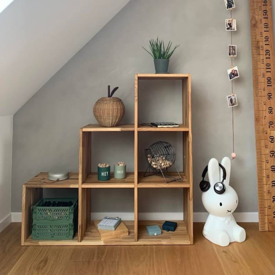 NOCNOI Puzzle asymmetrisk reol, m. 6 rum - massivt olieret eg (104x104)