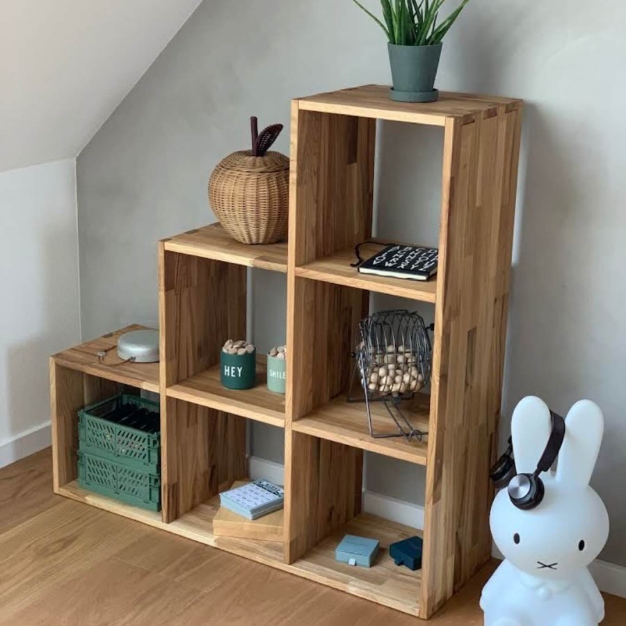 NOCNOI Puzzle asymmetrisk reol, m. 6 rum - massivt olieret eg (104x104)