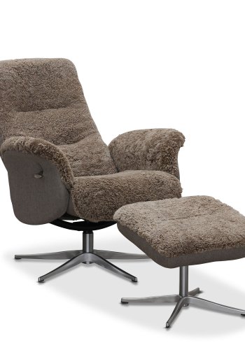 HAGA Ullrik recliner lnestol, m. drejefunktion og fodskammel - lysebrun freskind og metal