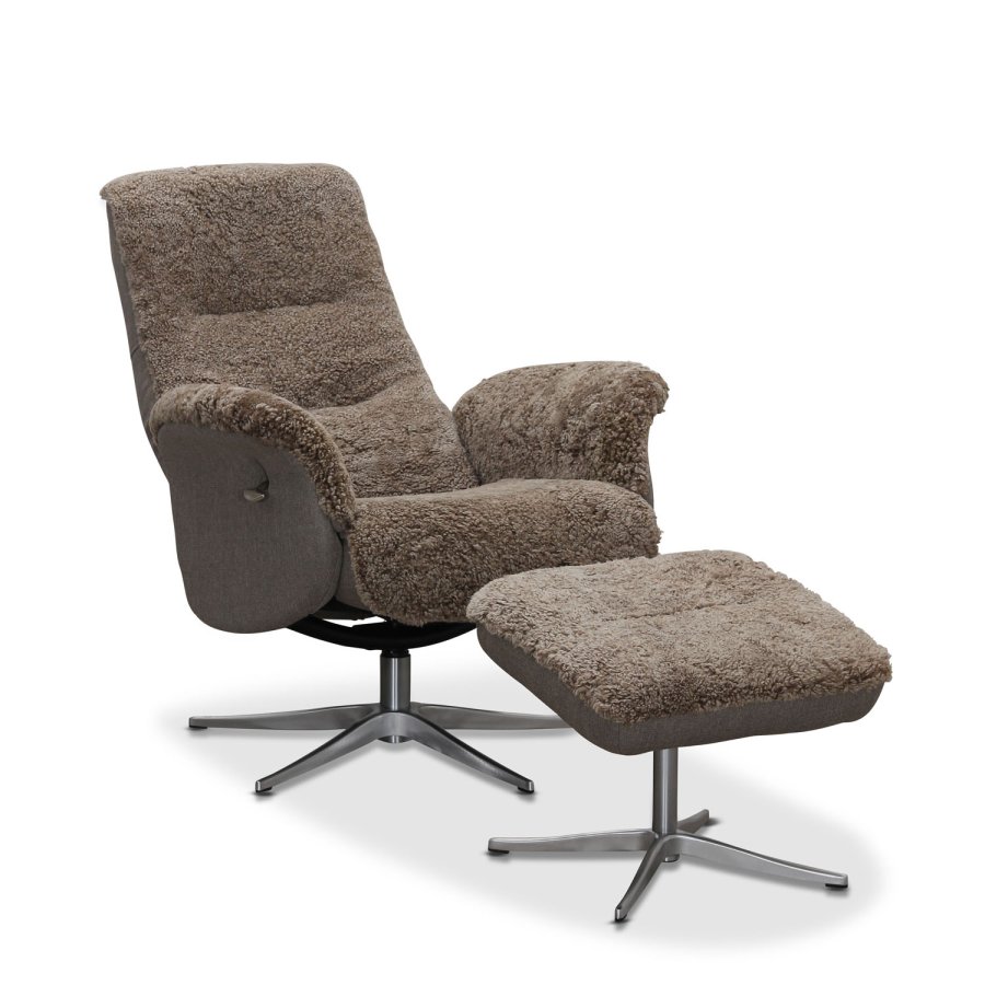 HAGA Ullrik recliner lnestol, m. drejefunktion og fodskammel - lysebrun freskind og metal