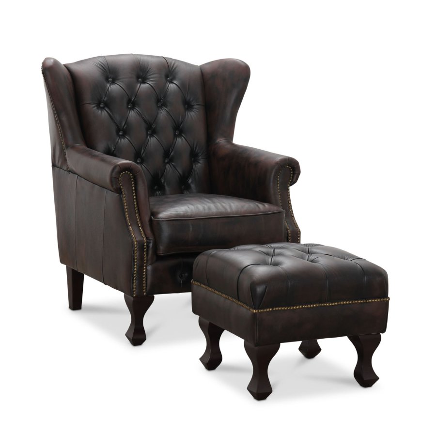 HAGA Aberdeen chesterfield lnestol - brun lder og tr