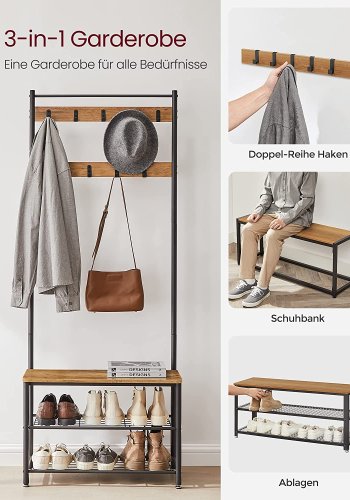 VASAGLE entréopstilling, m. 9 kroge, 3 hylder - valnddebrun spnplade og sort stl