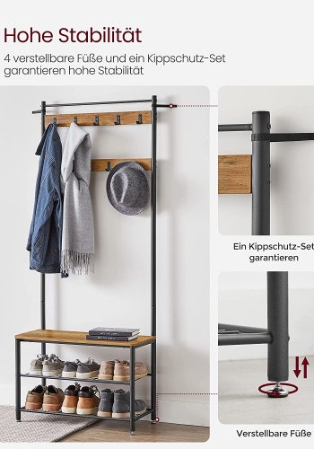 VASAGLE entréopstilling, m. 9 kroge, 3 hylder - valnddebrun spnplade og sort stl