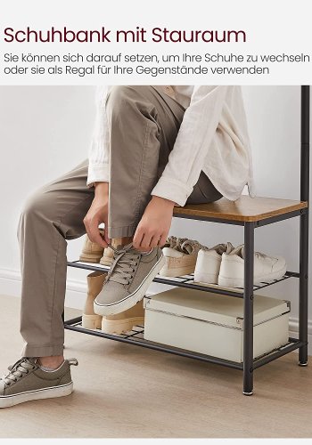 VASAGLE entréopstilling, m. 9 kroge, 3 hylder - valnddebrun spnplade og sort stl