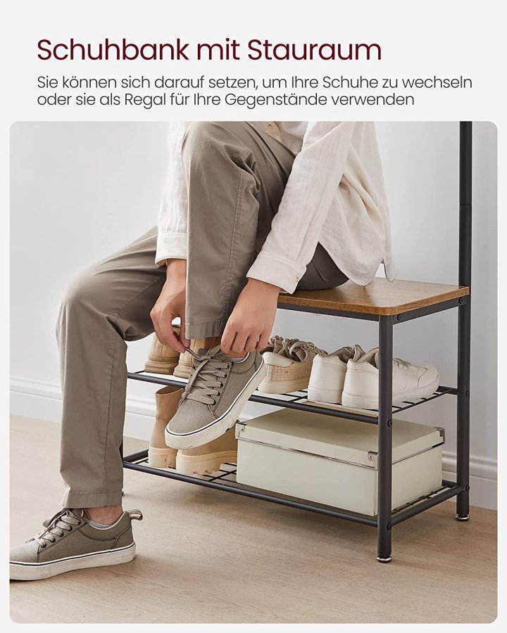 VASAGLE entréopstilling, m. 9 kroge, 3 hylder - valnddebrun spnplade og sort stl