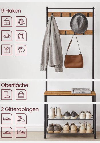 VASAGLE entréopstilling, m. 9 kroge, 3 hylder - valnddebrun spnplade og sort stl