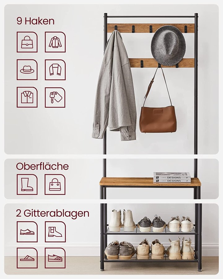 VASAGLE entréopstilling, m. 9 kroge, 3 hylder - valnddebrun spnplade og sort stl