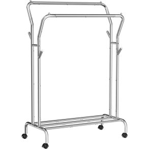 SONGMICS dobbelt tjstativ, m. 2 bjlestnger, 1 hylde, hjul - slv stl