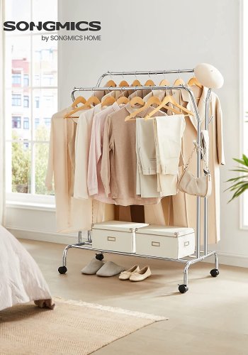 SONGMICS dobbelt tjstativ, m. 2 bjlestnger, 1 hylde, hjul - slv stl