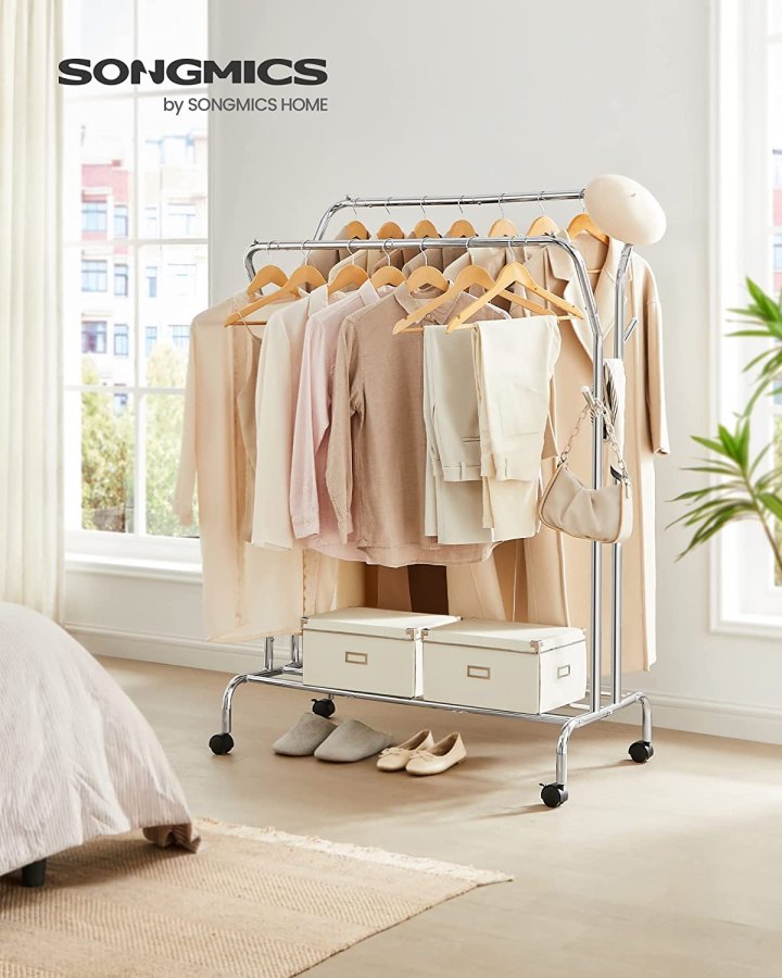 SONGMICS dobbelt tjstativ, m. 2 bjlestnger, 1 hylde, hjul - slv stl