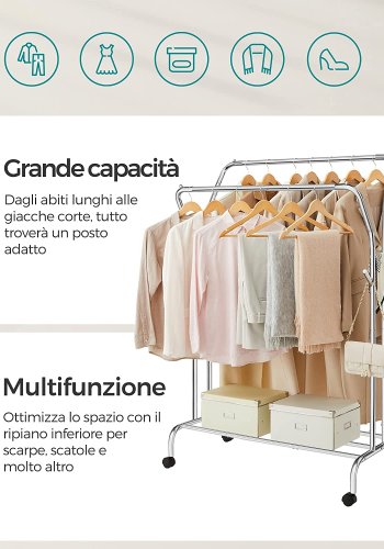 SONGMICS dobbelt tjstativ, m. 2 bjlestnger, 1 hylde, hjul - slv stl