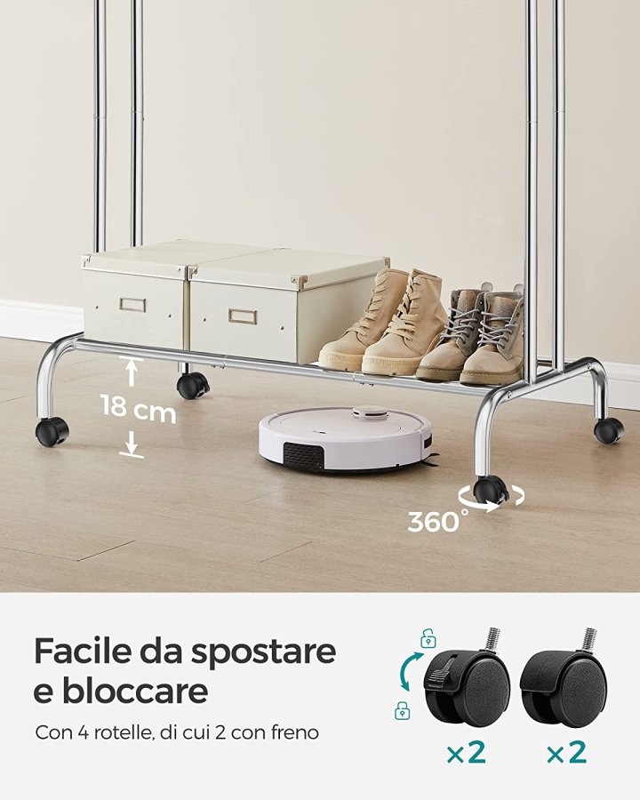 SONGMICS dobbelt tjstativ, m. 2 bjlestnger, 1 hylde, hjul - slv stl