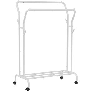 SONGMICS dobbelt tjstativ, m. 2 bjlestnger, 1 hylde, hjul - hvid stl