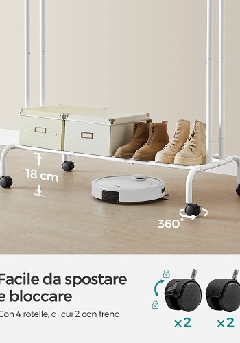 SONGMICS dobbelt tjstativ, m. 2 bjlestnger, 1 hylde, hjul - hvid stl