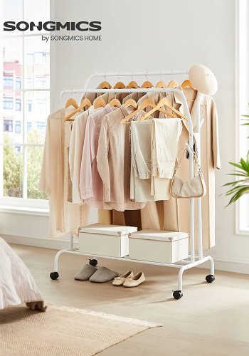 SONGMICS dobbelt tjstativ, m. 2 bjlestnger, 1 hylde, hjul - hvid stl