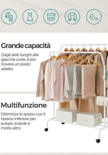 SONGMICS dobbelt tjstativ, m. 2 bjlestnger, 1 hylde, hjul - hvid stl