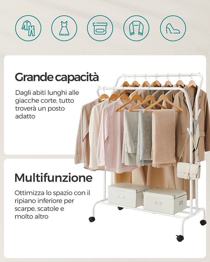 SONGMICS dobbelt tjstativ, m. 2 bjlestnger, 1 hylde, hjul - hvid stl