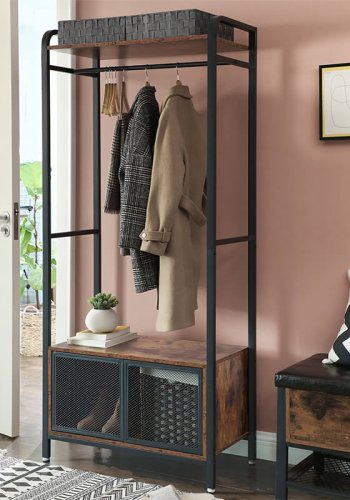 VASAGLE ben garderobeskab, m. 1 hylde, 1 bjlestang, 1 skab - rustik brun spnplade og sort stl