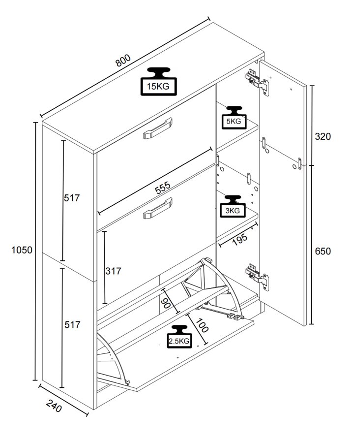 VCM NORDIC Halom L skoskab, m. 4 lger - antracitgr/natur tr