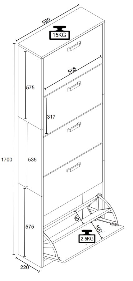 VCM NORDIC Halom XL skoskab, m. 5 lger - antracitgr/natur tr