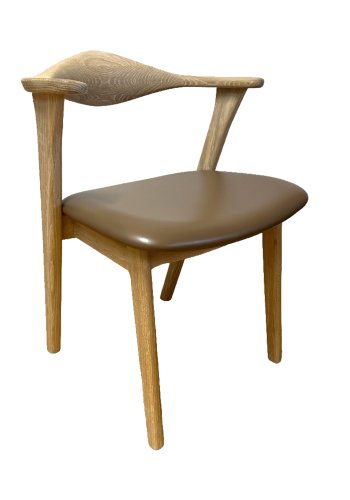 Designer spisebordsstol, m. armln - lys brun lder og massivt hvidolieret egetr