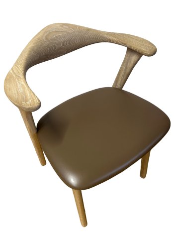 Designer spisebordsstol, m. armln - lys brun lder og massivt hvidolieret egetr