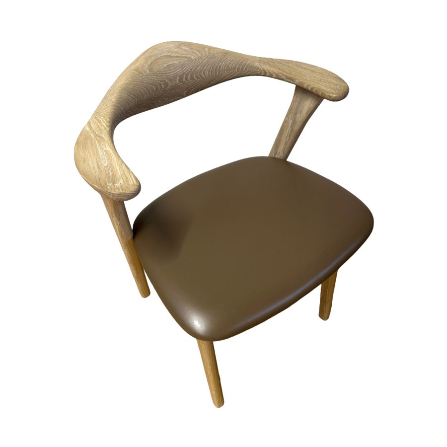 Designer spisebordsstol, m. armln - lys brun lder og massivt hvidolieret egetr