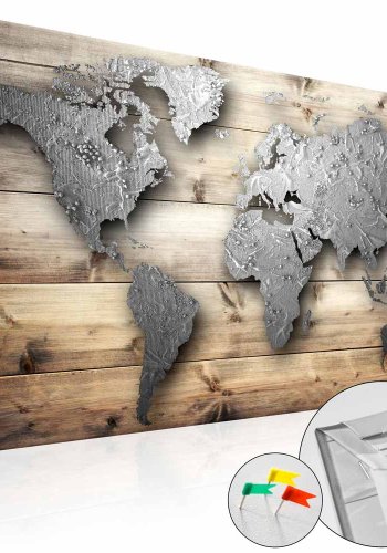 ARTGEIST Silver World verdenskort billede - slv/natur print p kork (80x120)