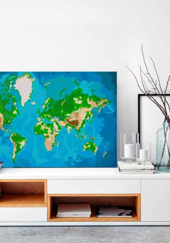 ARTGEIST DIY Verdenskort Blue & Green maleri - hvidt lrred, inkl. maling og 2 pensler (H: 40cm)