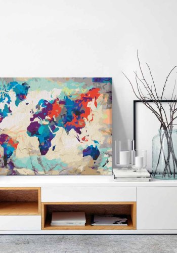 ARTGEIST DIY Verdenskort Blue & Red maleri - hvidt lrred, inkl. maling og 2 pensler (H: 40cm)