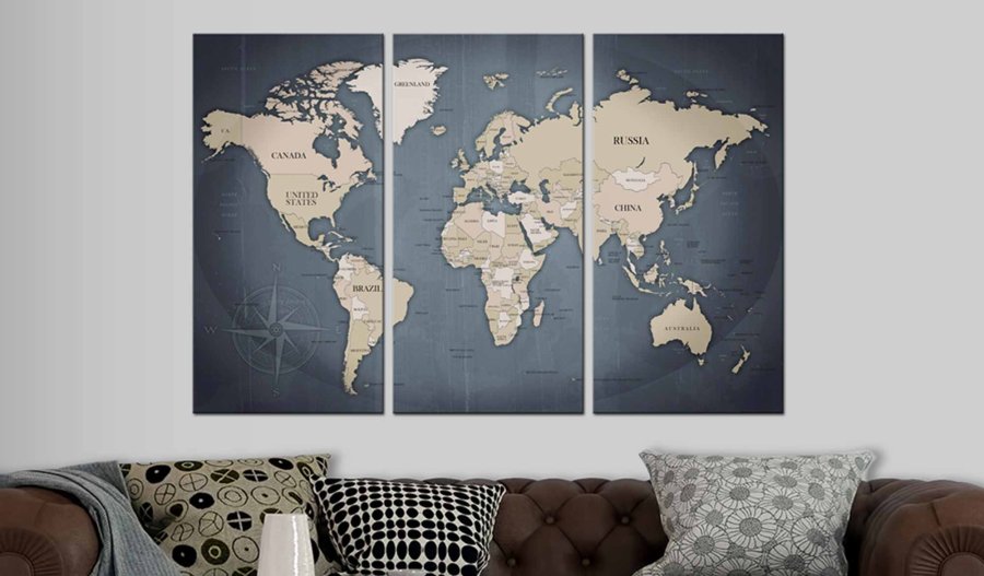 ARTGEIST verdenskort billede -  Bl/sort og brunt print p kork, 3-delt (flere strrelser)