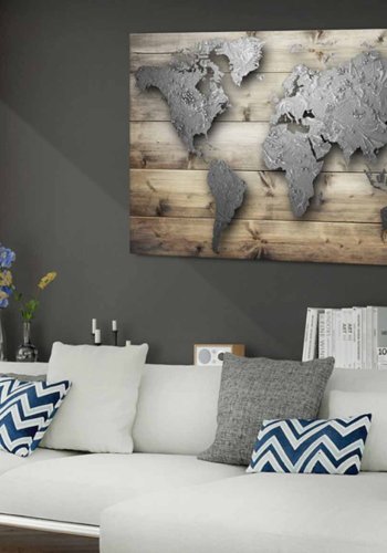 ARTGEIST Silver World verdenskort billede - slv/natur print p kork (80x120)