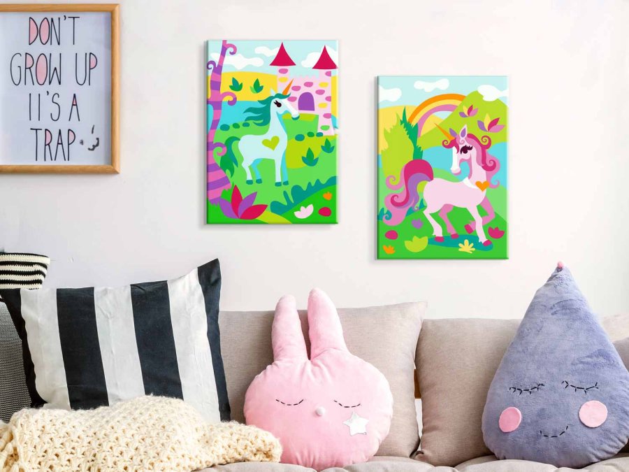 ARTGEIST DIY Fairytale Unicorns maleri - hvidt lrred, inkl. maling og pensel (23x100)