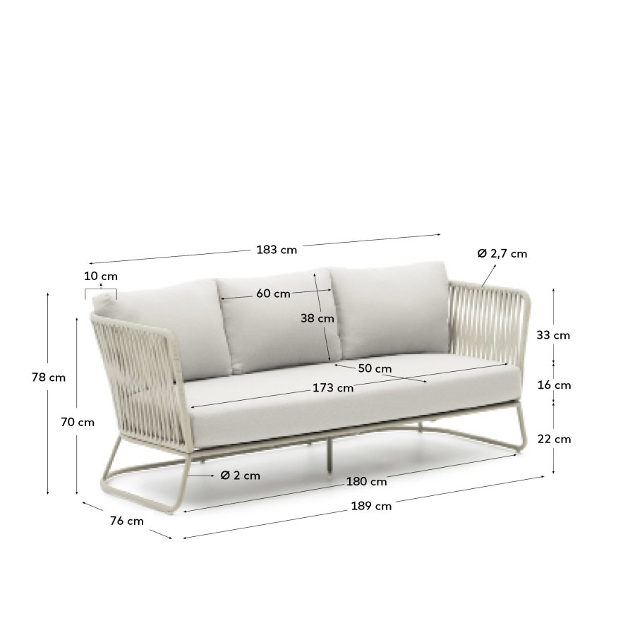 KAVE HOME Saconca udendrs 3-personers sofa i tovsnor og gr galvaniseret stl 189cm