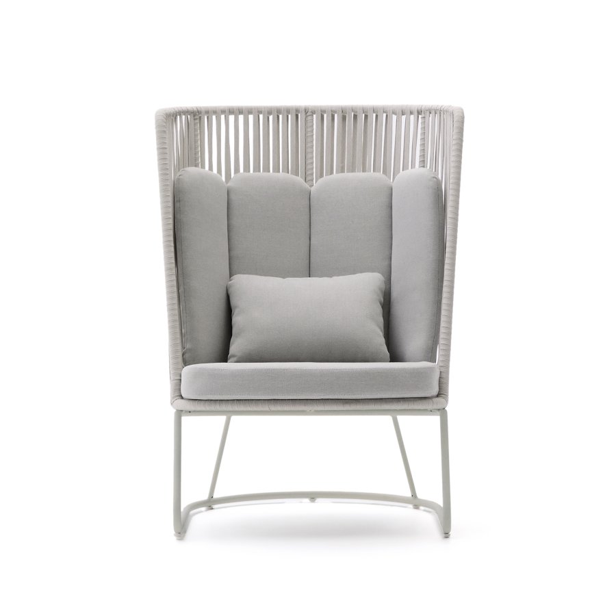 KAVE HOME Saconca udendrs lnestol med hjt rygln af tovsnor og gr galvaniseret stl