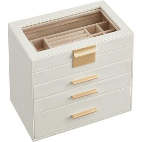 SONGMICS smykkeskrin, 4-lag, m. glaslg, 3 skuffer - sky hvid PU og guld