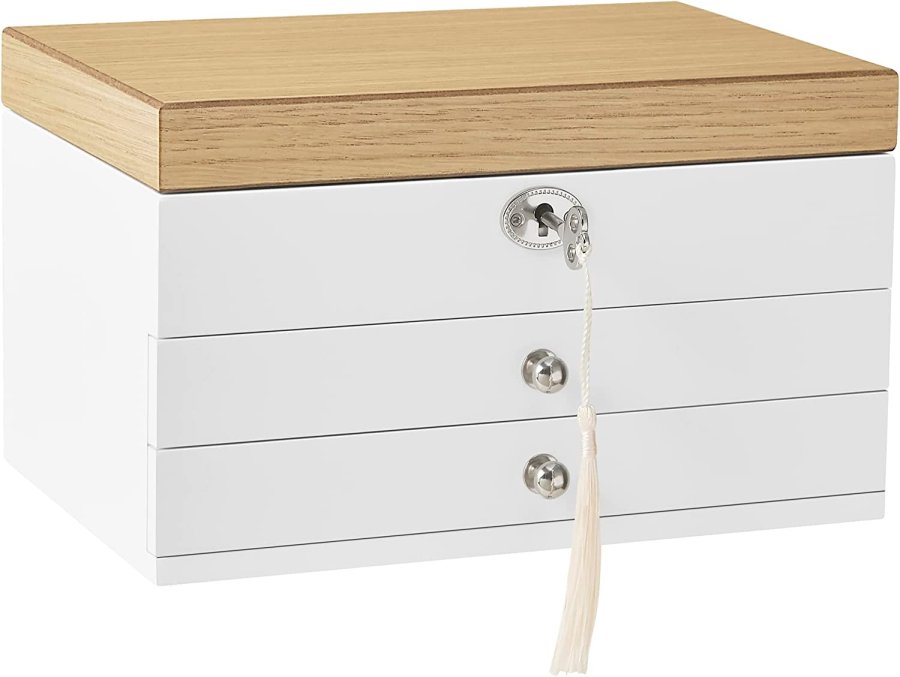 SONGMICS smykkeskrin, 3-lag, lsbar, m. stort spejl, 2 skuffer - fljl for og hvid/natur MDF