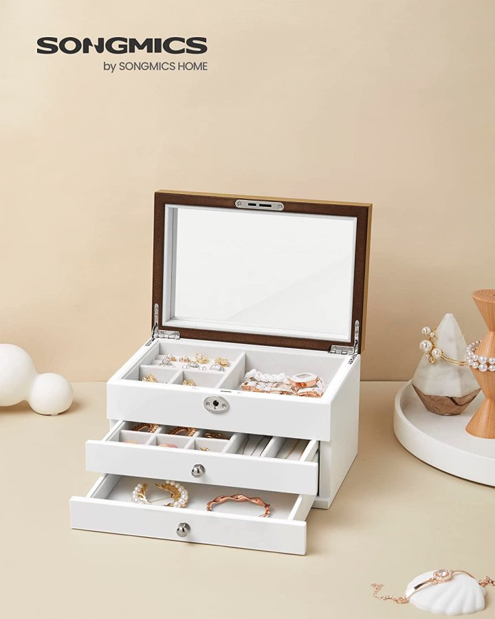 SONGMICS smykkeskrin, 3-lag, lsbar, m. stort spejl, 2 skuffer - fljl for og hvid/natur MDF